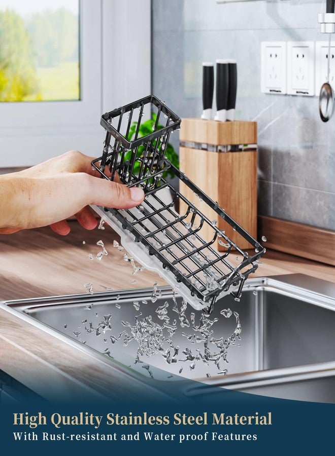 Consumest Sponge Holder for Kitchen Sink - Kitchen Sink Caddy Organizer with Removable Drip Tray for Countertop Dish Soap Dispenser Brush Storage Accessories 304 Stainless Steel - Black - Image 5